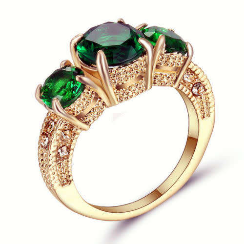 Stunning Yellow Gold Filled Green Crystal Ring - Size 6