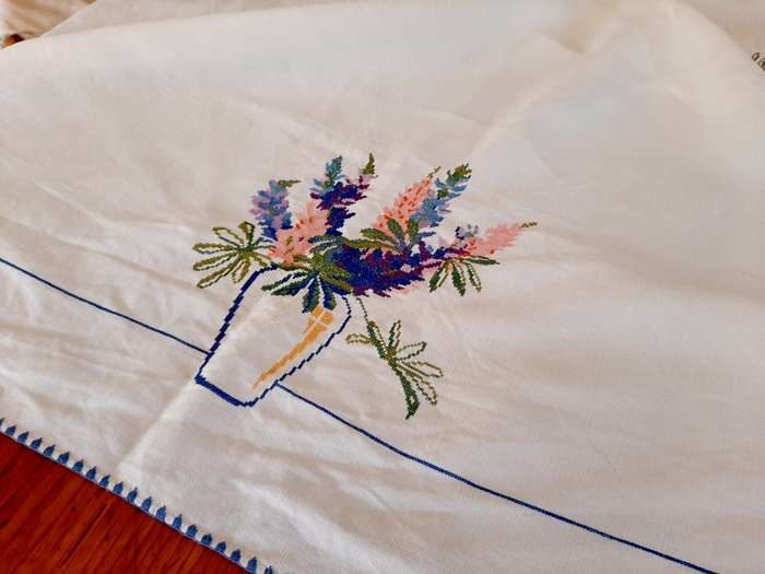 Hand embroidered cross stitch tablecloth (106 x 106cm)
