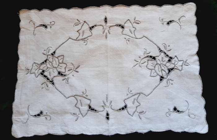 Embroidered tray cloth - cream linen with grey embroidery - 40 x 28 cm
