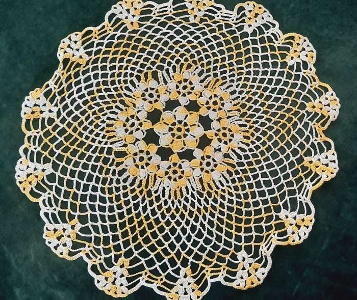 Large yellow and white crochet doily doilie 45 cm