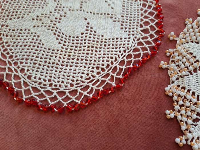 Two vintage beaded doilies - 19cm diameter