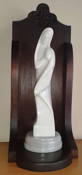Marble Virgin Mary and Child H34.5 in Dark wooden Box stand