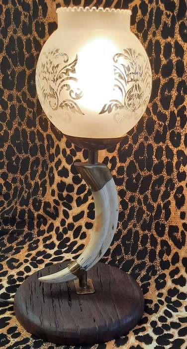 Glass shade  Warthog Tusk table Lamp with Wooden Stand