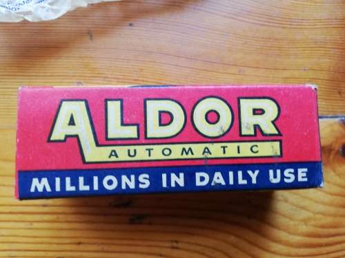 VINTAGE USED ALDOR SPARK PLUG IN BOX.  With original wax proof paper wrapper