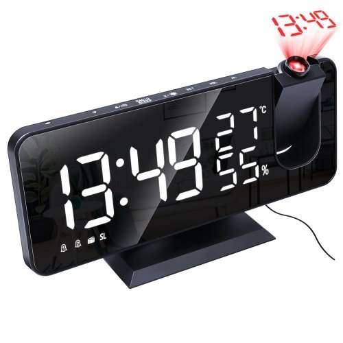 Alarm Clock Digital Temp and Humidity Display with Radio and Time Projection - Black