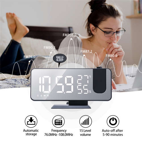 Alarm Clock Digital Temp and Humidity Display with Radio and Time Projection - Black