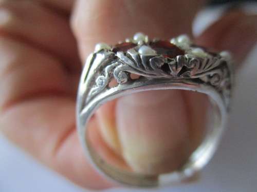 925 -Sterling Silver Genuine Garnets and Seed Pearls Ring
