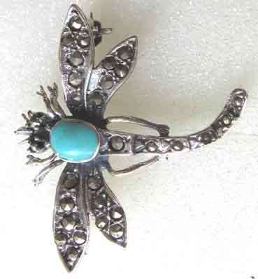 925 Sterling Silver and Marcasite `` Dragonfly `` Brooch