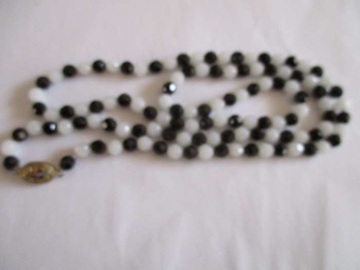Genuine Faceted Black Onyx and White Jade Necklace with Silver Clasp