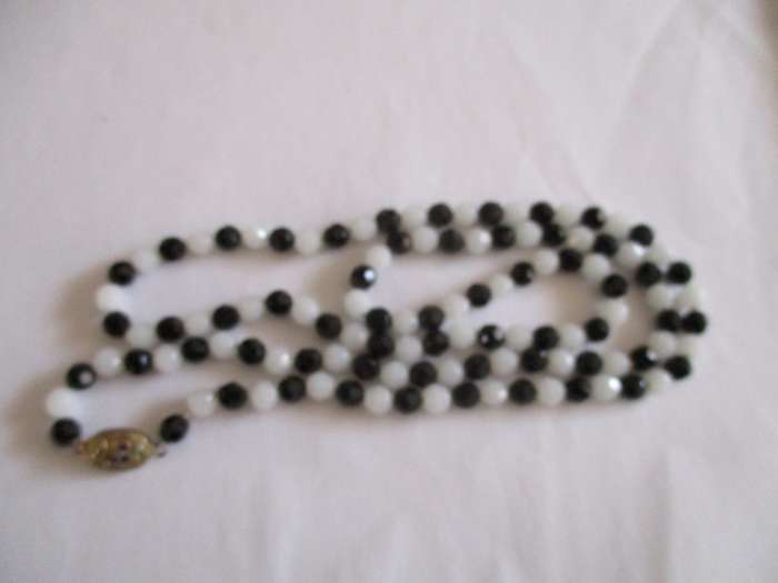 Genuine Faceted Black Onyx and White Jade Necklace with Silver Clasp