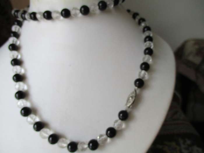 Genuine Black Onyx and Crystal Neclace 80cm long