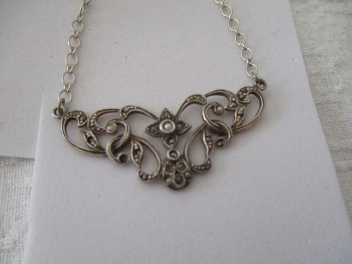 925 Sterling Silver Maracasite and Seed Pearls Necklace