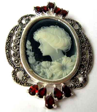 Lovely , Cameo, garnets and Marcasite Pendant