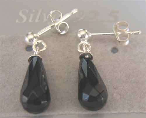 Elegant   925 -Sterling Silver &  Drop Black Agate Earrings