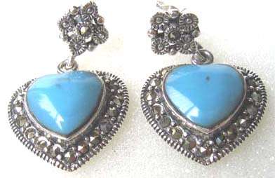 A pair of  Beautiful Sterling Silver , Marcasite ` Hearts turquoise`  Earrings.