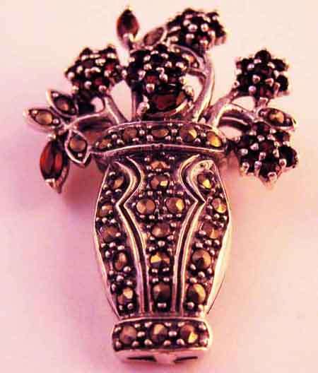 925 Sterling Silser, Marcasite and Genuine Garnets Brooch