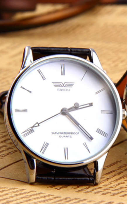 Swidu men's watch black leather - White