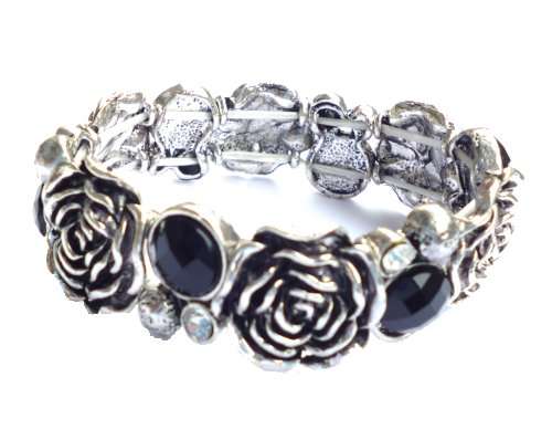 Chic Tibetan Silver Rose Stretchable Bracelet with Opal Beads & Diamantes
