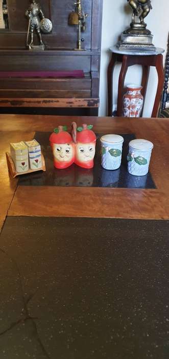 Assorted Salt and Pepper Shakers and Jam Pot