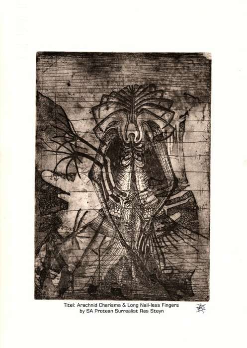 Original Artworks : Arachnid Charisma by SA Artist Ras Steyn - 150mmx210mm Etching on Fabriano 3/3