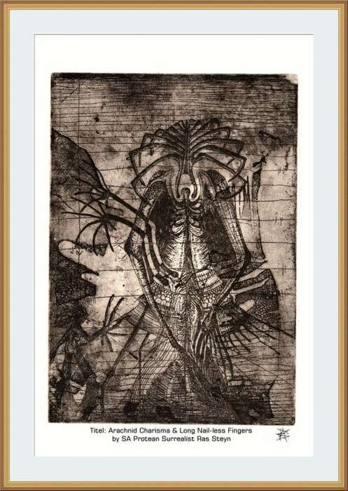 Original Artworks : Arachnid Charisma by SA Artist Ras Steyn - 150mmx210mm Etching on Fabriano 3/3