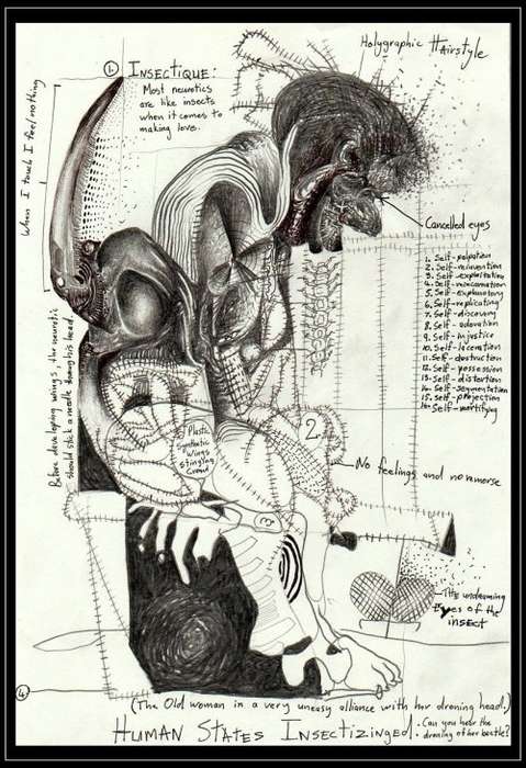 Surreal Sketch: Insectique Droner with Cancelled Eyes by Surrealist Pioneer Ras Steyn - 20cmx29cm