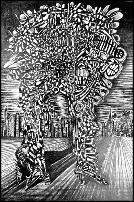 Original Art: `Ballistic Warrior` by Conceptual Surrealist Ras Steyn - Original Lead PencilDrawing
