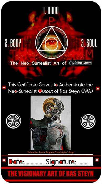 Title: `Bohemian Jester` by Surrealist Pioneer Ras Steyn [MA] Mixed Medum: Collage/Lead Pencil, Pen*