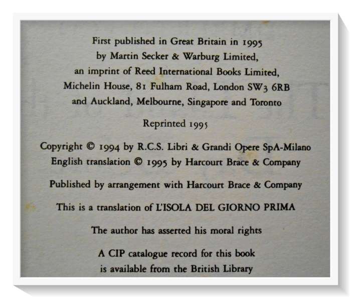 UMBERTO ECO:  The Island of the Day Before - UK: 1995 SECKER & WARBURG - Hardcover - Condition: B+