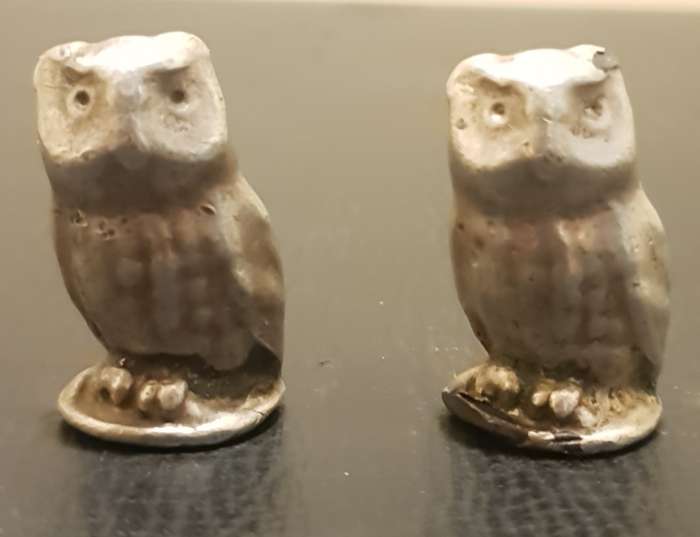 Pair of heavily silver coated on bronze Small hand made owl sculpture figurine.