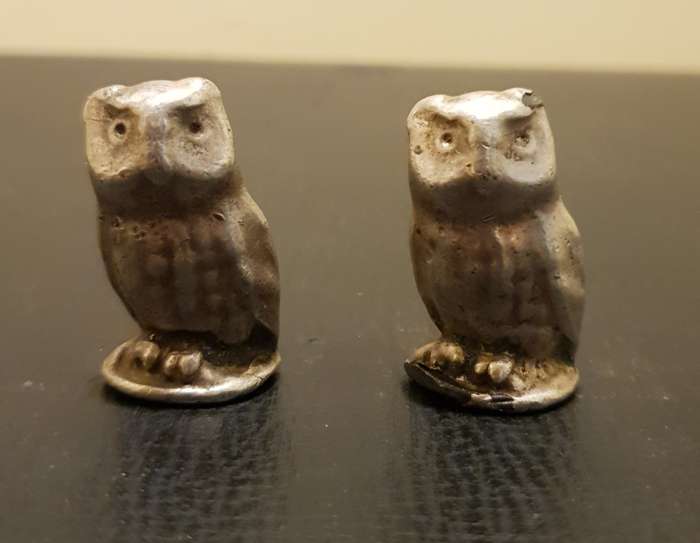 Pair of heavily silver coated on bronze Small hand made owl sculpture figurine.