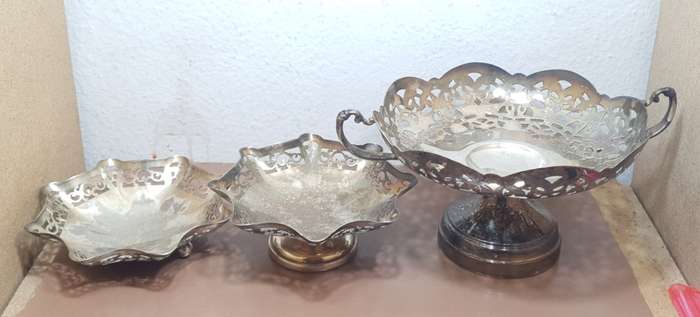 Set of 3 pieces filigree type silver plated footed Fruit / Snack display and serving Dish / Tray.