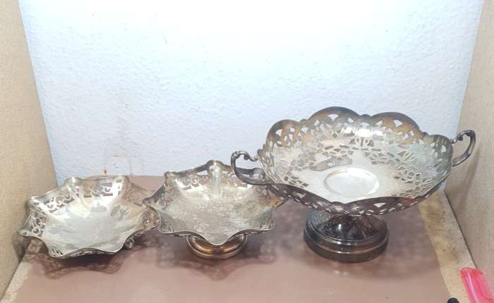 Set of 3 pieces filigree type silver plated footed Fruit / Snack display and serving Dish / Tray.
