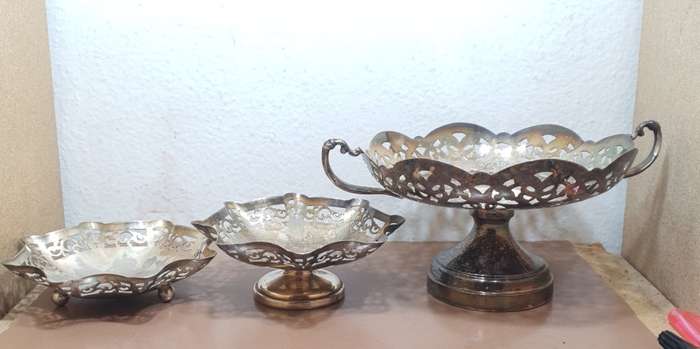 Set of 3 pieces filigree type silver plated footed Fruit / Snack display and serving Dish / Tray.