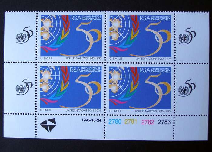 SOUTH AFRICA Mint Control Block - 25th Anniv. of United Nations 1995