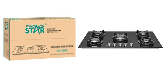 WINNING STAR- Black Tempered Glass 5 Burner Gas Cook Tops Kitchen Stove