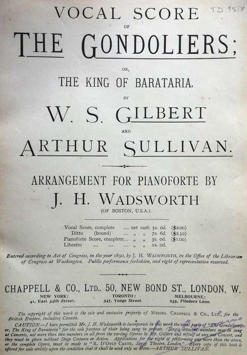 Vocal Score of The Gondoliers or The King of Barataria - Book signed by G Maskew Miller