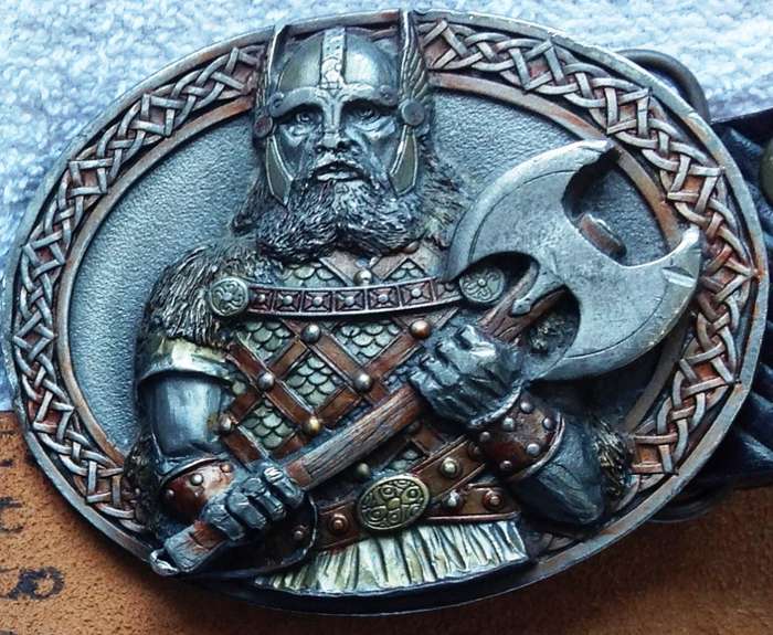 Custom made imported belt with heavy Viking buckle - BlueCeltic pattern on belt - Made In England
