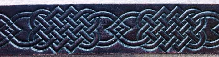 Custom made imported belt with heavy Viking buckle - BlueCeltic pattern on belt - Made In England