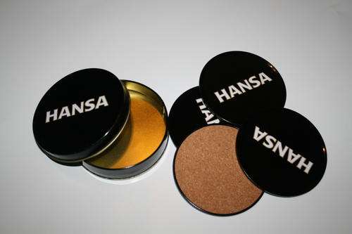 Metal and Cork Hansa Coasters x 4 in sealable tin