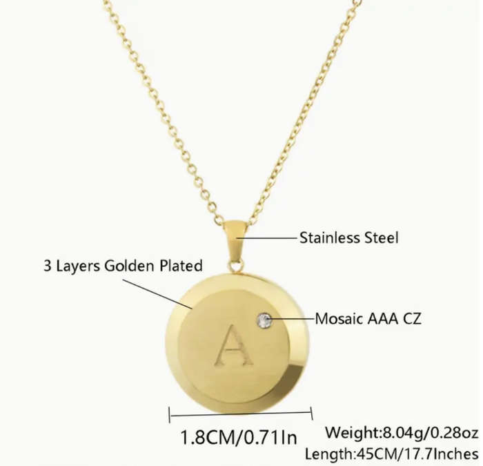 Gold Plated Stainless Steel Initial Letter Round Pendant Necklaces
