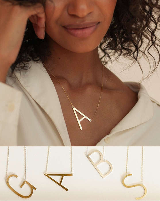 Gold Colour Large Sideways Stainless Steel Initial Letter Necklaces