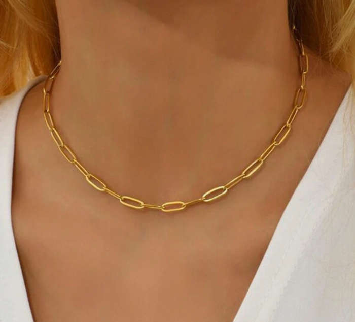 Gold Colour Stainless Steel Paperclip Design Necklace - 36cm + 5cm extender