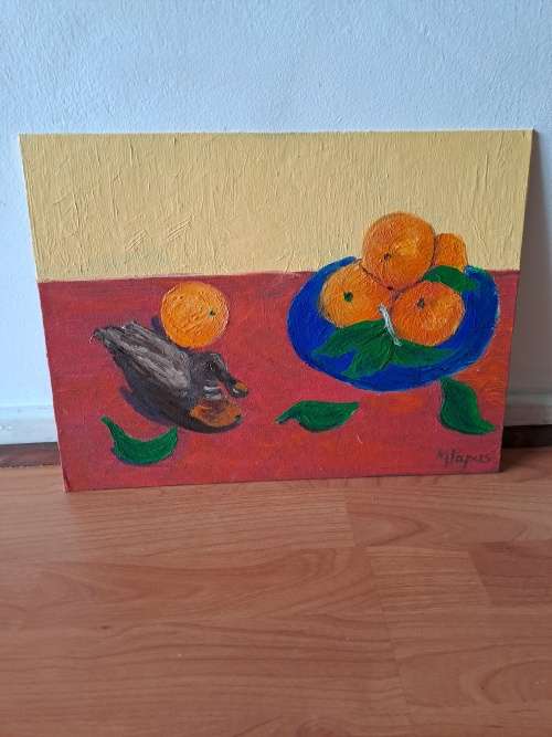 Mary Papas,duck and oranges,oil painting