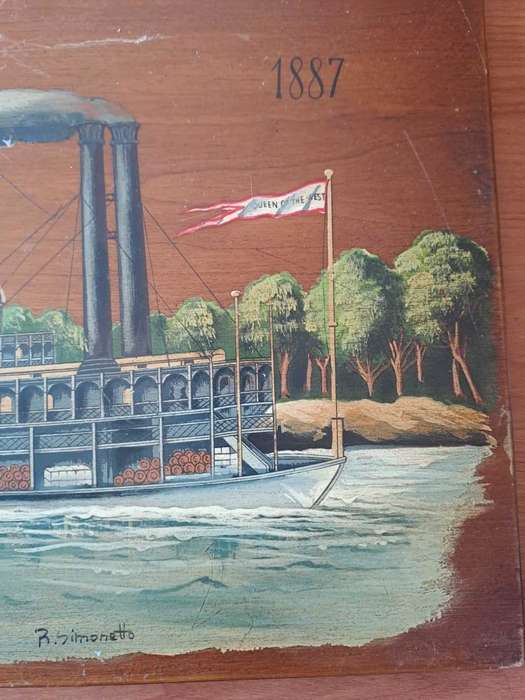 R Simonetto, painting on wood, Rounding a bend in Mississippi, 1887