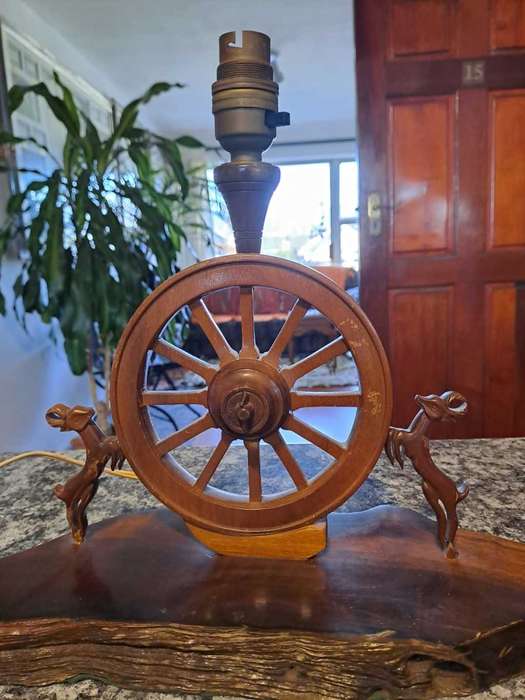Old Wooden Bedlamp, Wagon Wheel and 2 Springbuck (light not working)