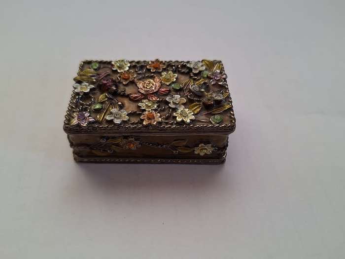 Enamel inside and stunning metal flowers on outside, trinket holder, heavy