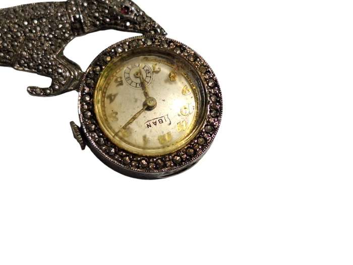 Vintage sterling silver and marcasite brooch with watch (not working)