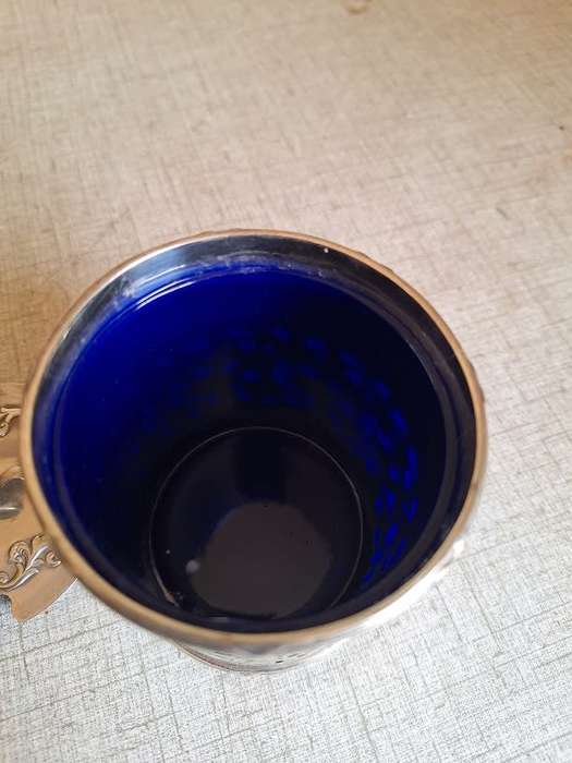 Stunning silver plated jar with blue glass liner