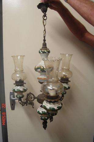 STUNNING BRASS AND CERAMIC 3 ARM CHANDELIER